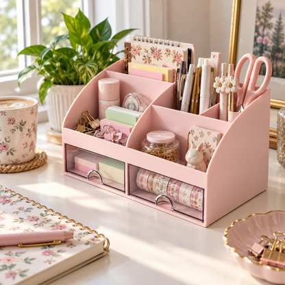 Desk Organizer With 6 Compartments And 2 Drawers