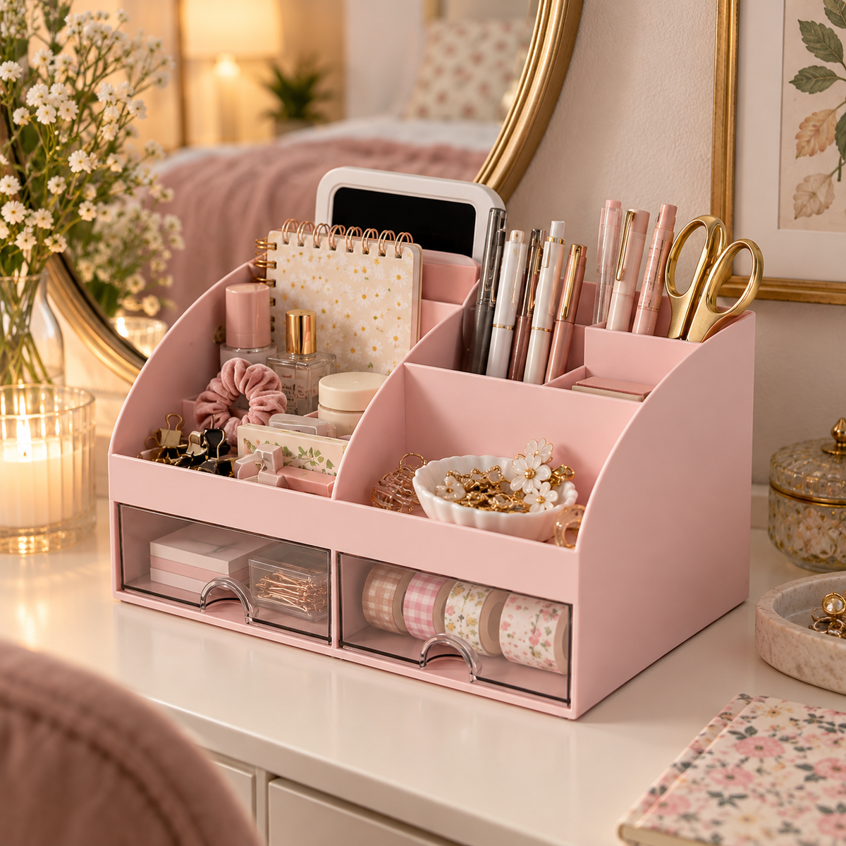 Desk Organizer With 6 Compartments And 2 Drawers